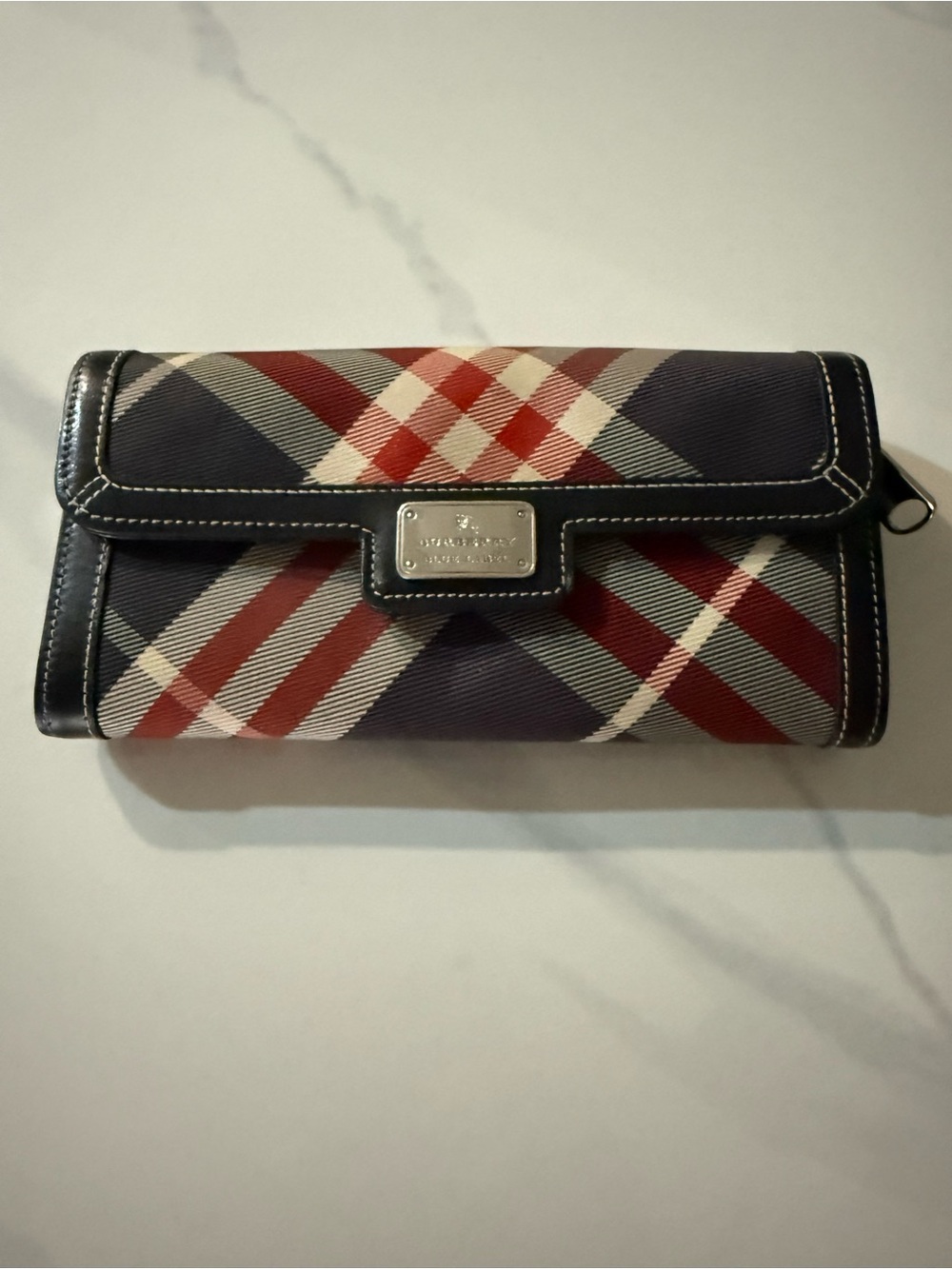 Burberry Navy and Red Plaid Trifold Wallet